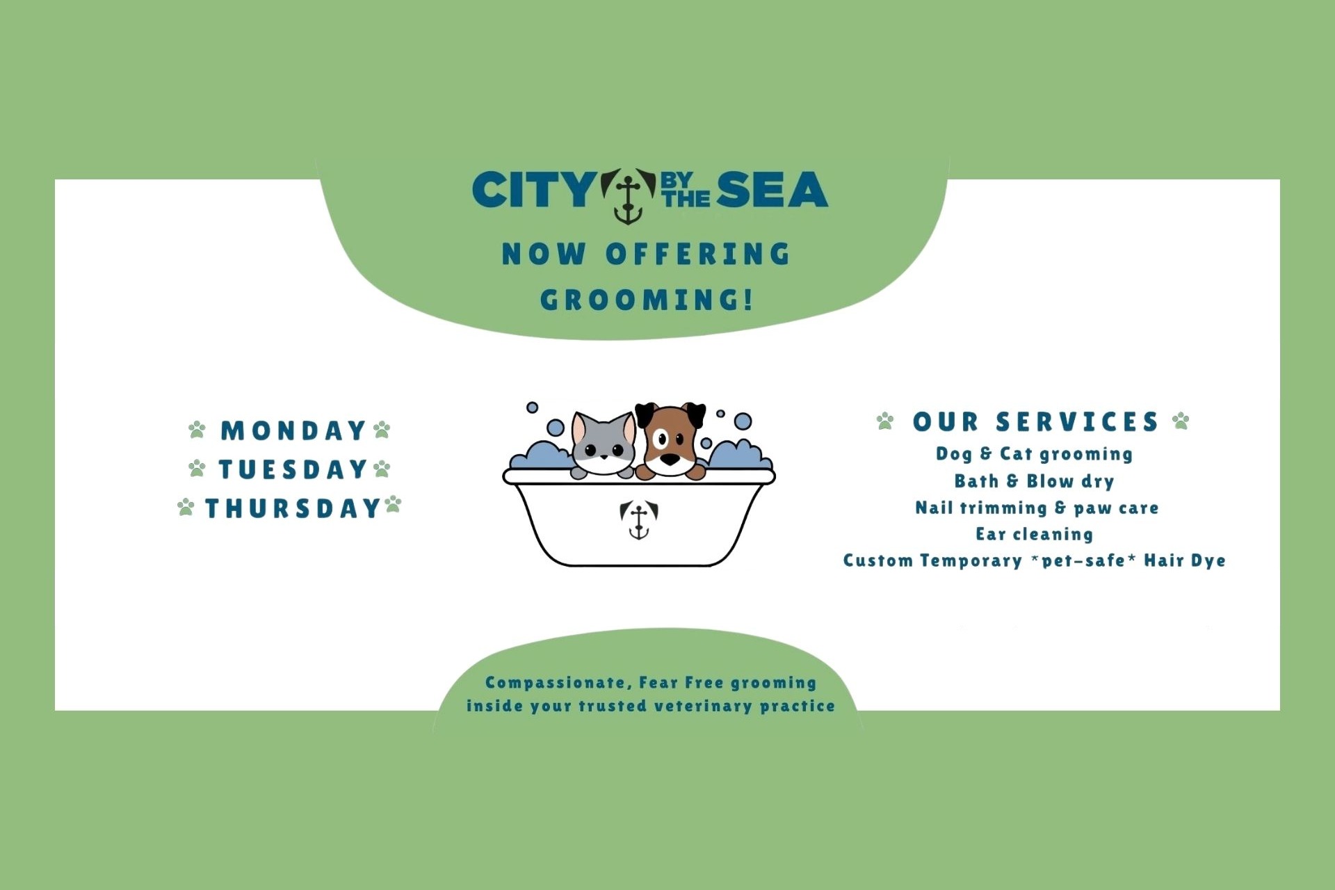 City by the Sea Vet now offering Pet Grooming Services